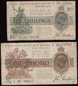 London Coins : A191 : Lot 18 : One Pound Bradbury 1917 issue T16 S/N E/5 949932, King George V portrait Very Good and Ten Shillings...