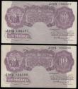 London Coins : A191 : Lot 67 : Ten Shillings Peppiatt mauve B251 issued 1940 (2 consecutives) J99D 196286 and 287 Unc