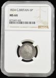 London Coins : A194 : Lot 1603 : Sixpence 1824 ESC 1657, Bull 2425 Brilliant UNC and graded MS64 by NGC